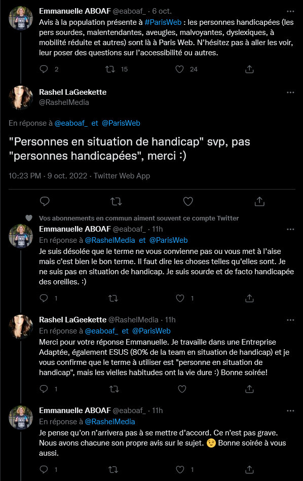 Tweet de Rashel LaGeekette répondant à un tweet d'Emmanuelle ABOAF. Transcription ci-après
